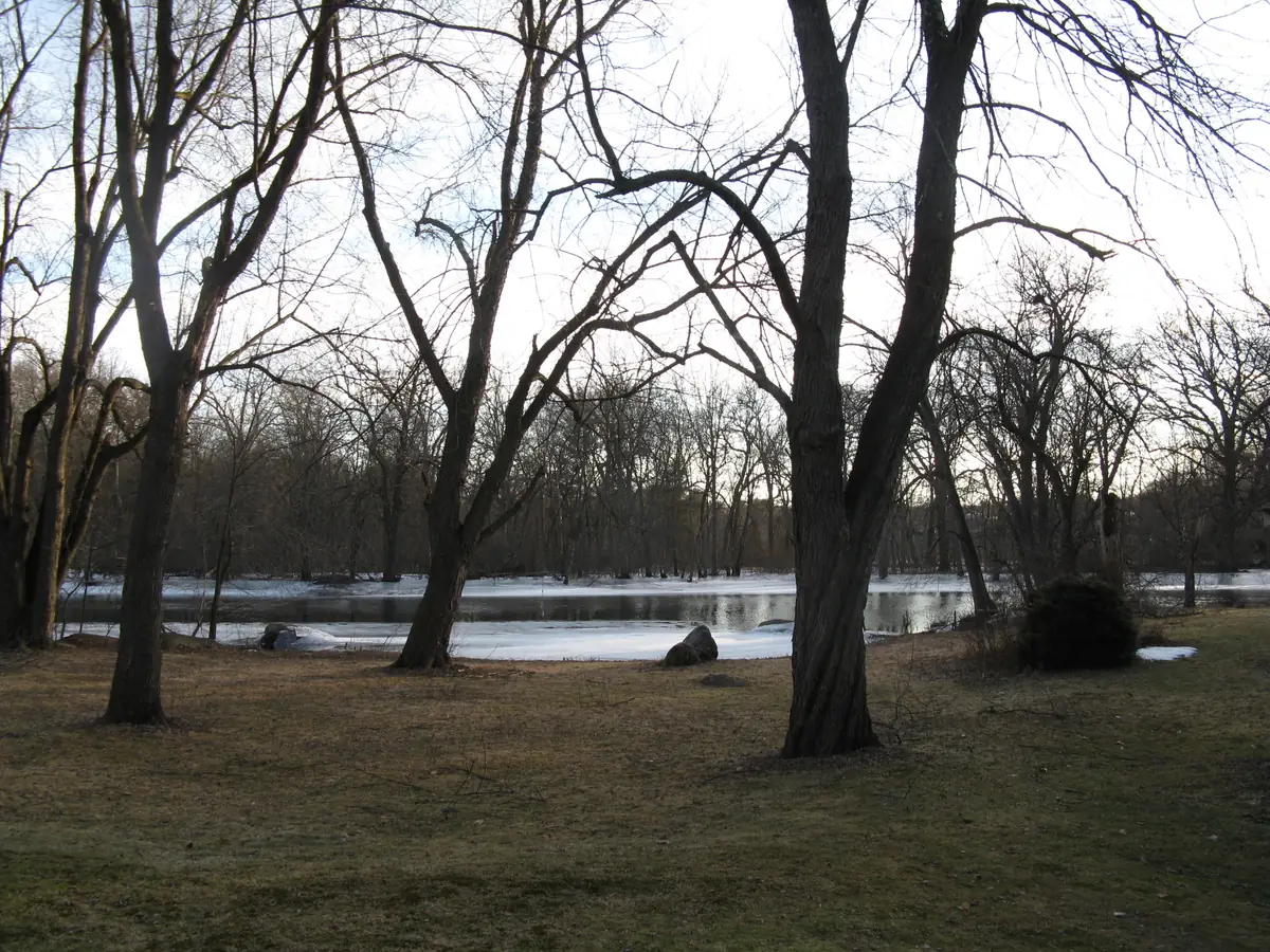 Concord River in North Billerica, MA, partly iced over in winter and seen through bare trees