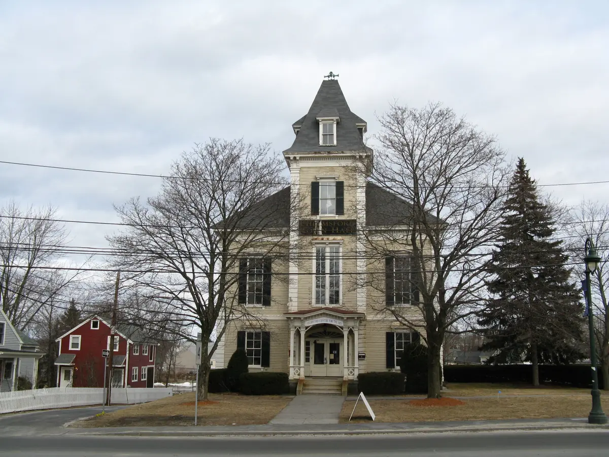 Old Town Hall in Chelmsford Center, a Victorian building with a mansard tower, now the Chelmsford Center for the Arts