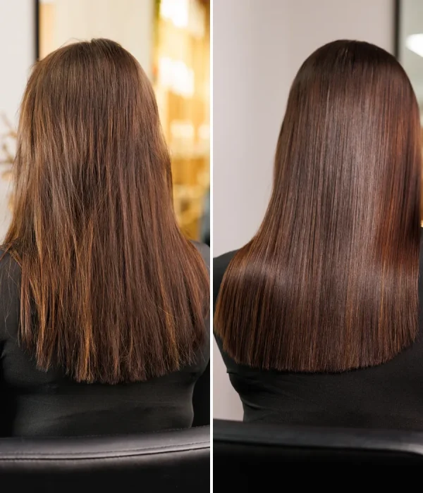 Before and after keratin smoothing treatment, showing frizzy brunette hair turned smooth, glossy and straight